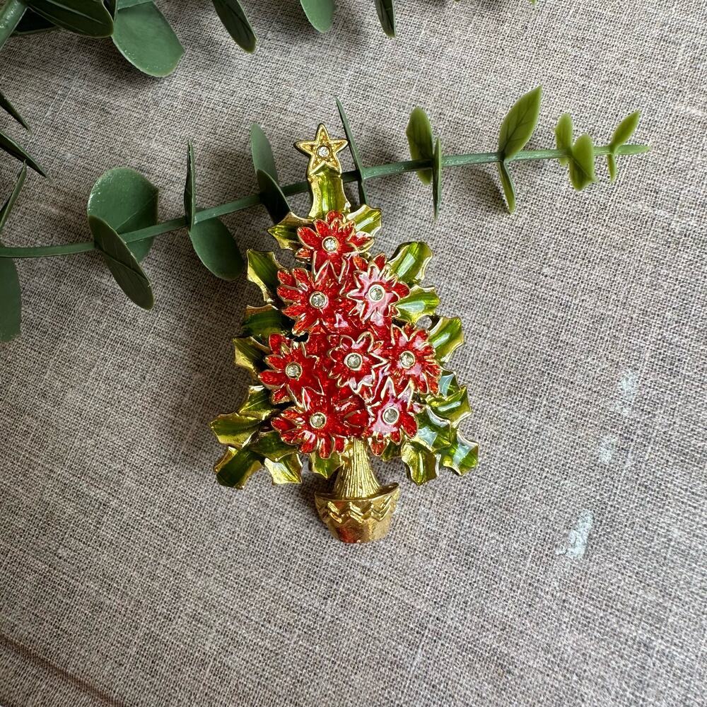 Christopher Radko Poinsettia Holly Christmas Tree Vintage Figural Costume Brooch